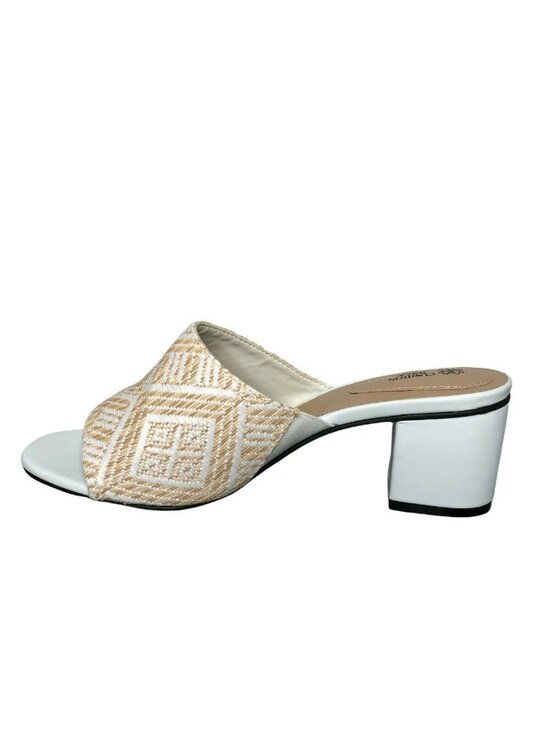 Avon Cushion Walk Slides Sandal Block Heel Womens 9 Beige Straw Weave Mules Shoe - Picture 8 of 11